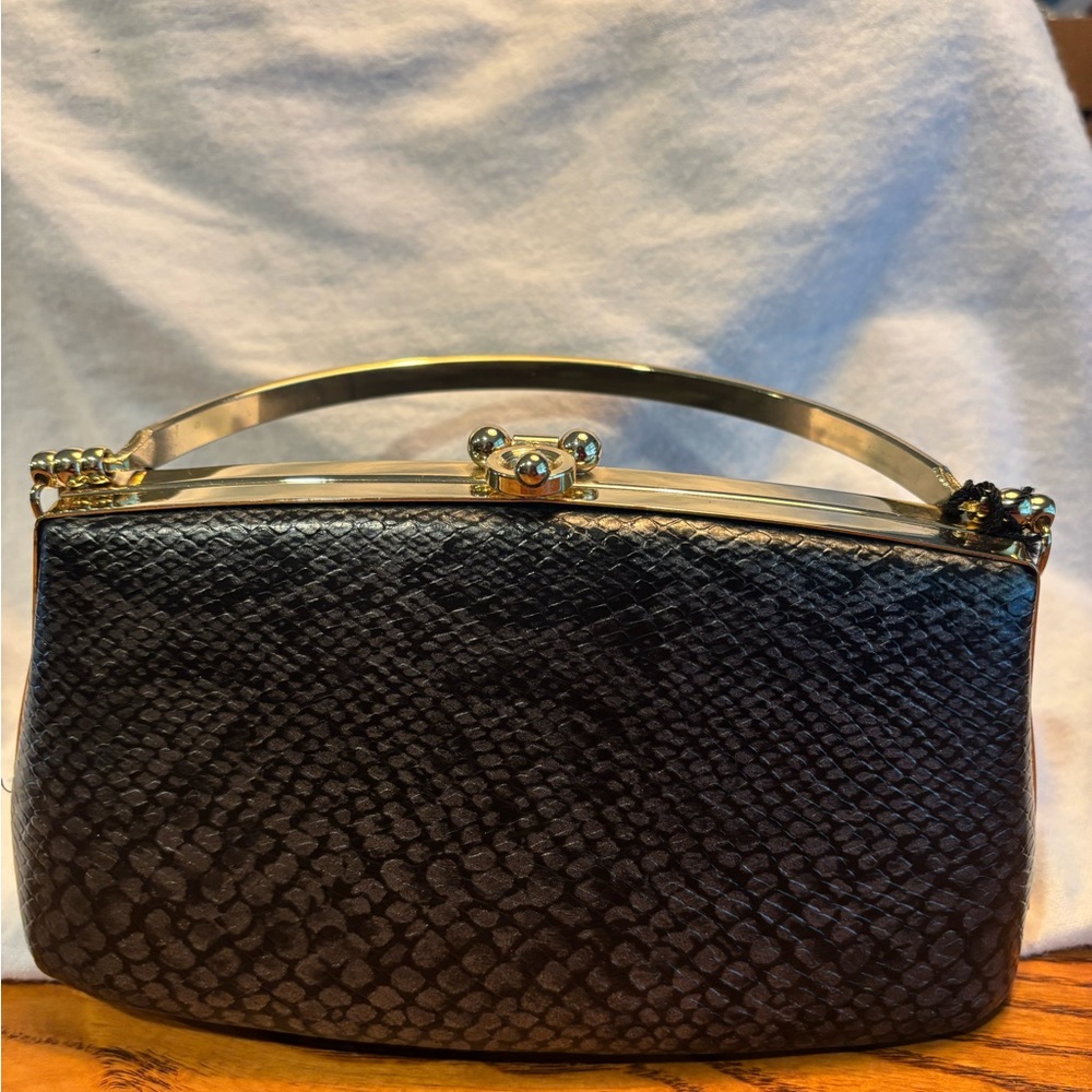 Bijoux Terner Black Snakeskin Clutch with Gold Accents